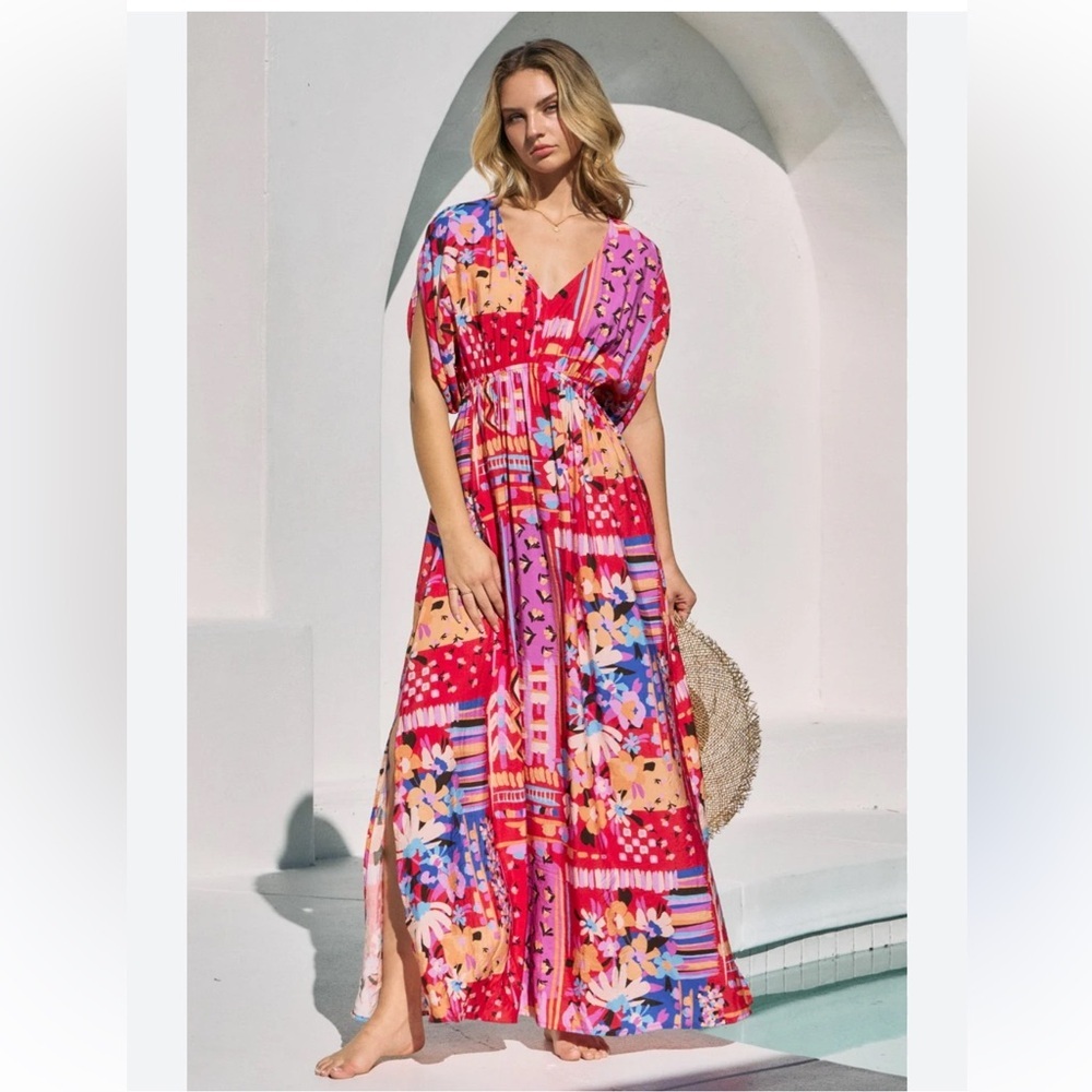 🌺Oddi Boho Floral Maxi Dress Colorful V-Neck Short Sleeve NWT Size L🌺